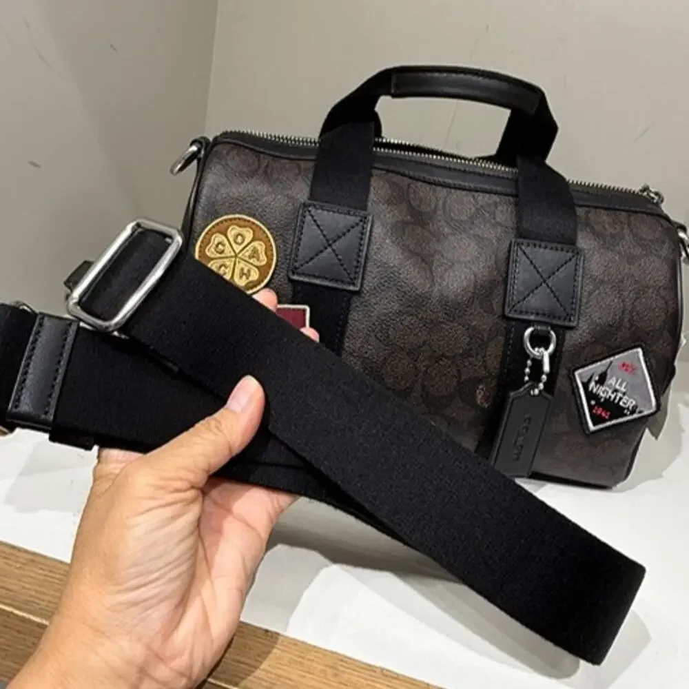 Coach Explorer Duffle Bag 28 In Signature Canvas With Patches CGA26 Walnut/Black